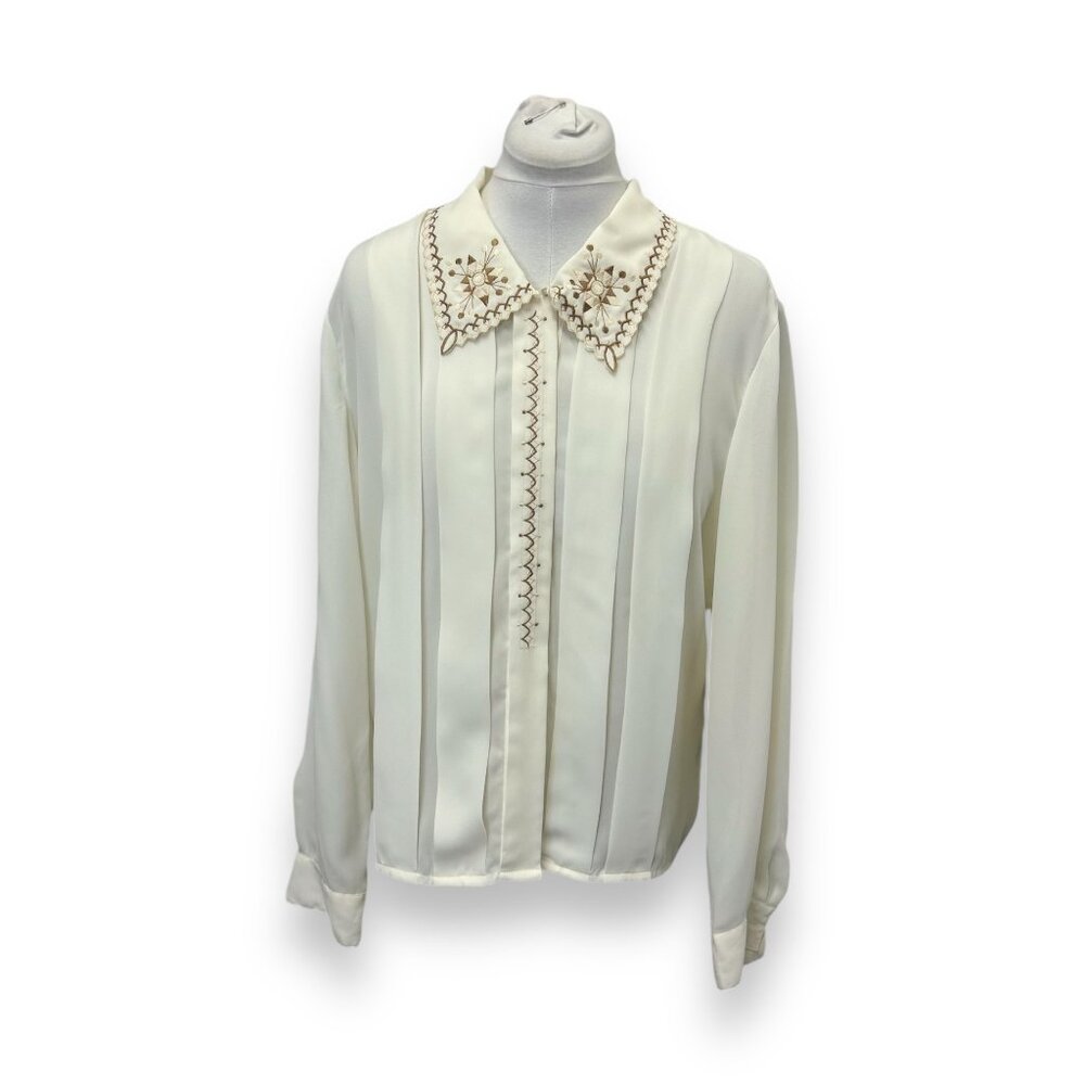 Jordan Womens Long Sleeve Pintuck Blouse VTG 80s Embroidered Ecru/Pearl/White 12